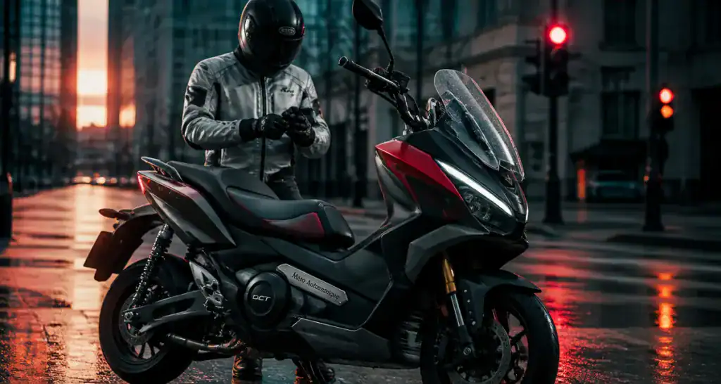 Moto automatique DCT sous la pluie en ville
