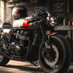 Moto cafe racer customisée vue avant dans garage