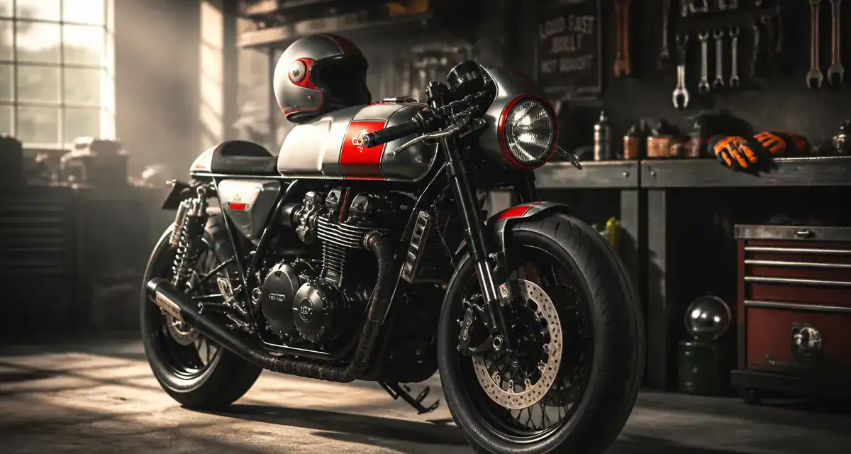 Moto cafe racer customisée vue avant dans garage