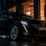 Peugeot 208 noire Perla Nera en ville de nuit