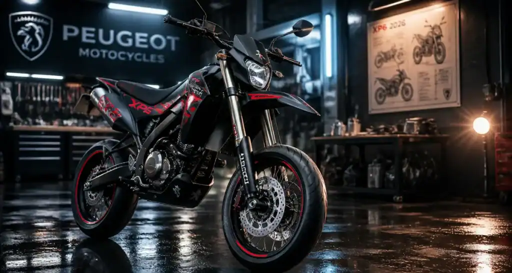 Peugeot XP6 2026 supermotard noire et rouge, vue bas angle