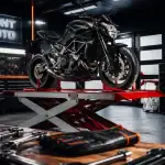 pont moto rouge surélevé dans garage moderne