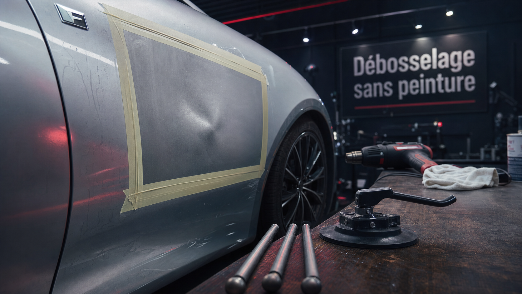 Redresser carrosserie : débosselage sans peinture, aile voiture argent