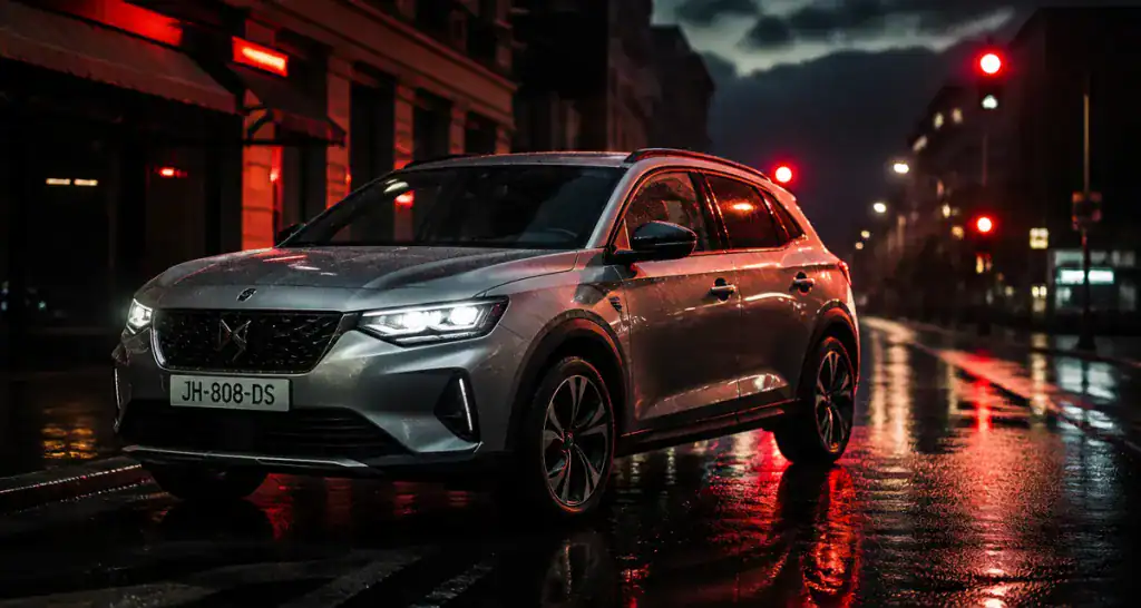 SUV micro hybride 48V gris sur route humide au crépuscule
