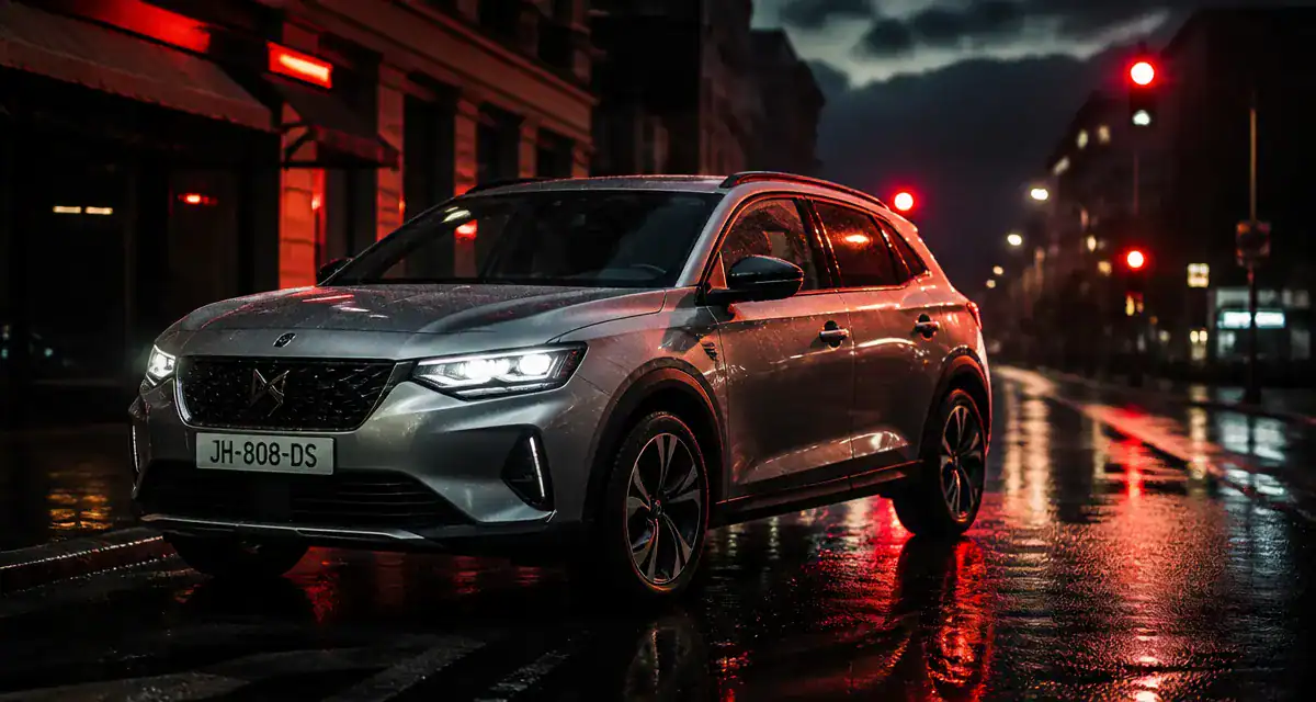 SUV micro hybride 48V gris sur route humide au crépuscule