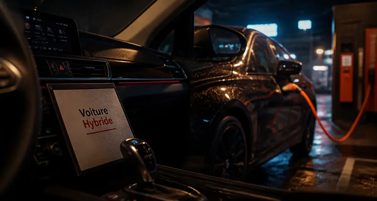 Voiture hybride définition : vue en parking urbain humide, câble de recharge orange