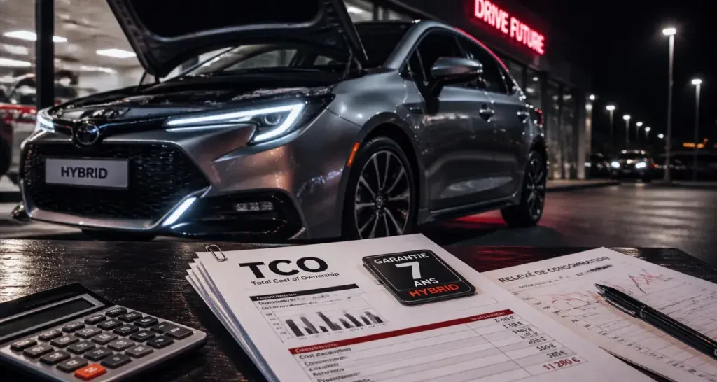 Voiture hybride meilleur rapport qualité-prix 2025, vue showroom, tableau TCO