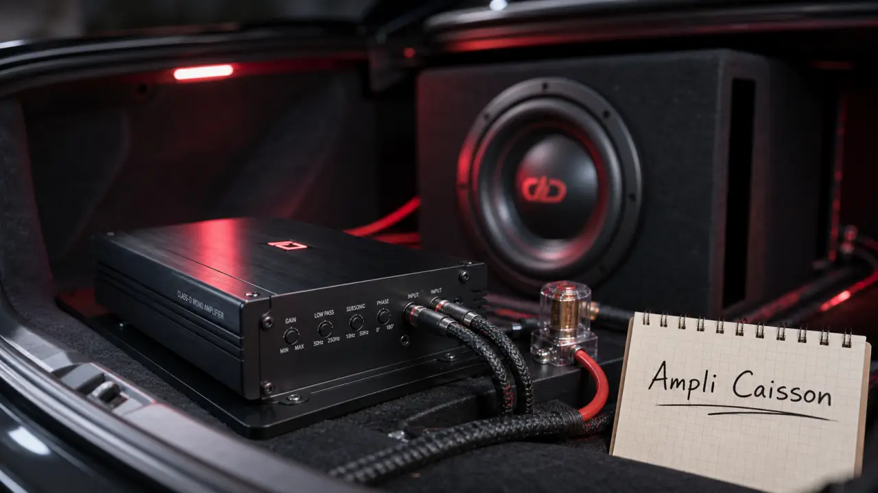 Ampli pour caisson de basse voiture, classe D compact, câbles et fusible