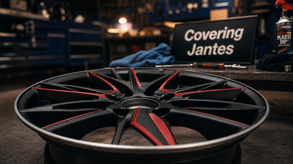 Covering sur jante noir et rouge, film thermoformé sur jante
