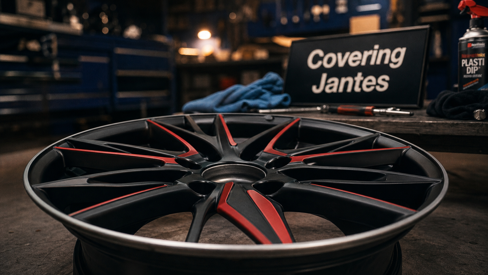 Covering sur jante noir et rouge, film thermoformé sur jante
