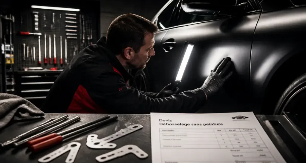 Debosselage sans peinture tarif : technicien vérifie une petite bosse sur voiture