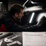 Debosselage sans peinture tarif : technicien vérifie une petite bosse sur voiture