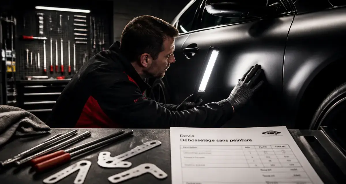 Debosselage sans peinture tarif : technicien vérifie une petite bosse sur voiture