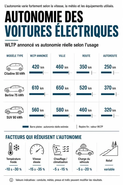 Tableau autonomie voiture électrique comparant autonomie WLTP et autonomie réelle selon la ville, la route et l’autoroute