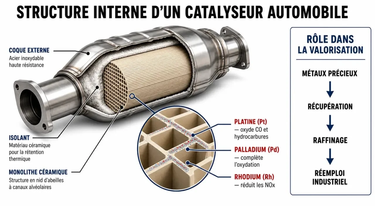 Schéma explicatif de la composition d'un catalyseur automobile et des métaux précieux déterminant sa valeur de recyclage.