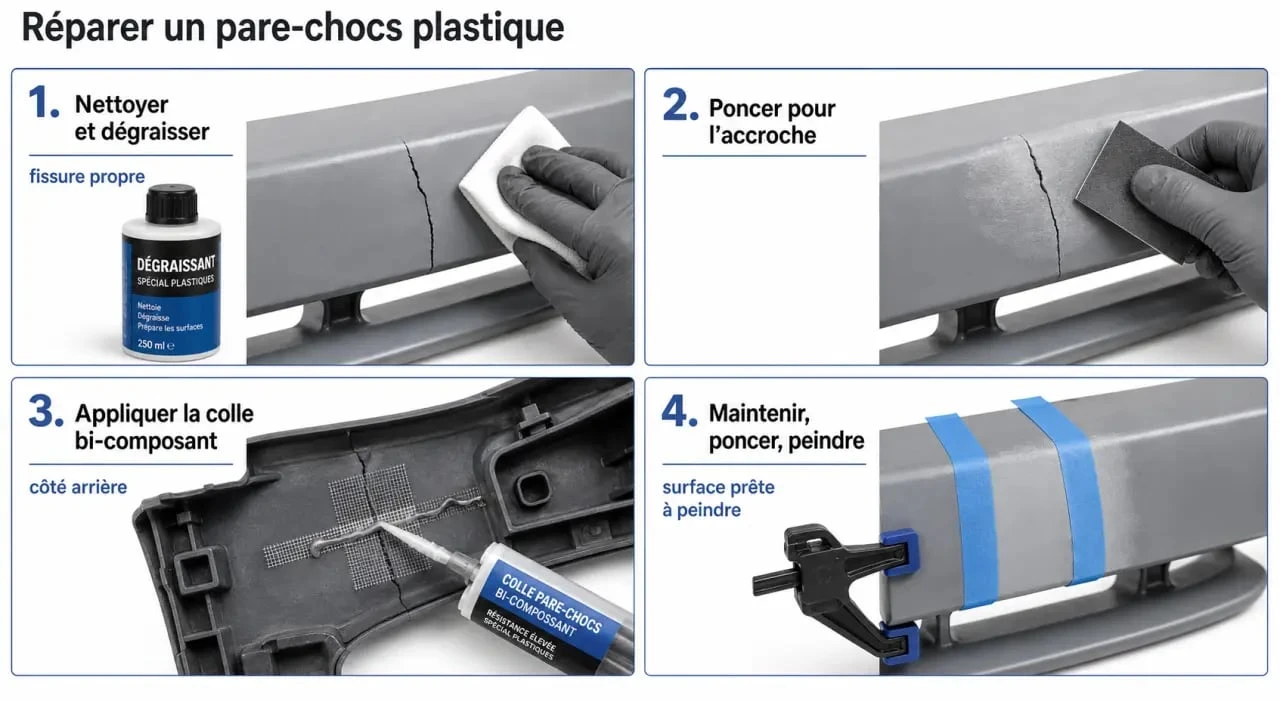 Colle pare choc : étapes de réparation d’un pare-chocs en plastique du nettoyage au ponçage final