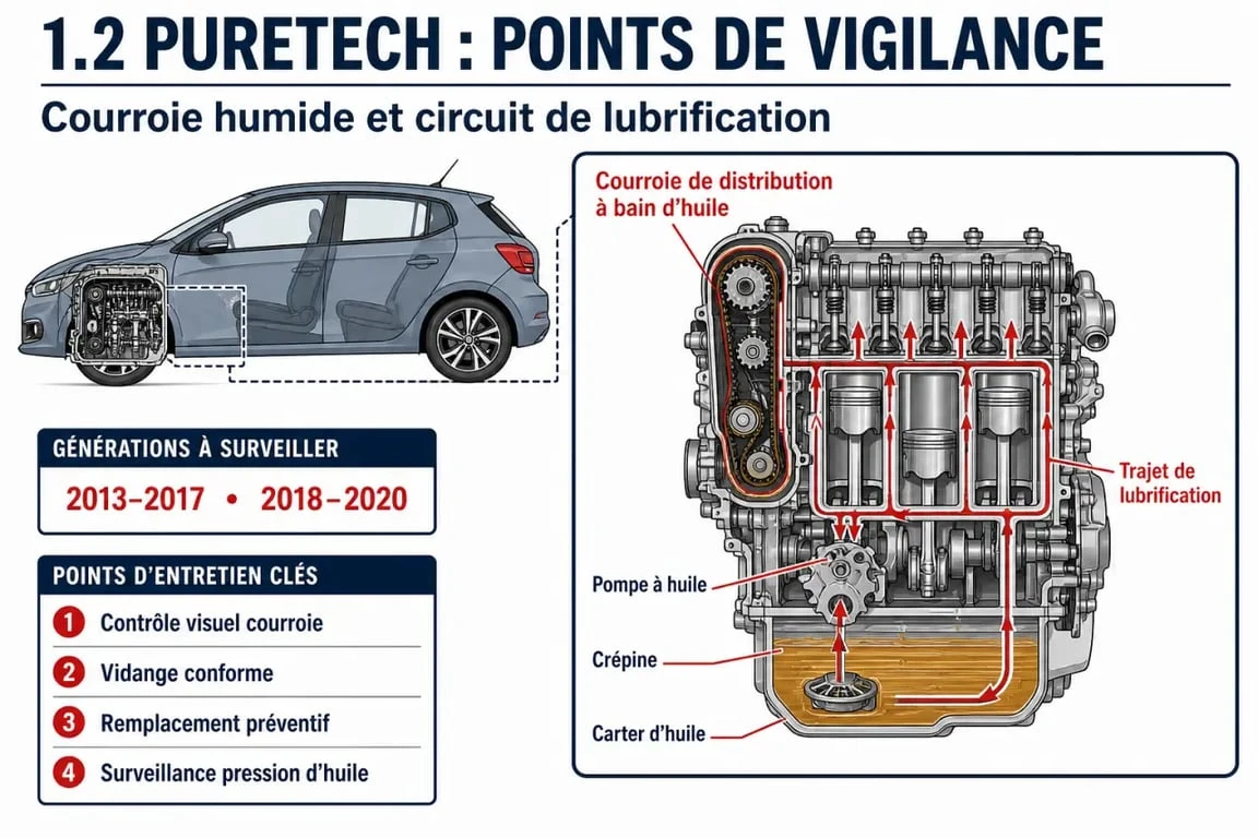 Voiture PureTech : schéma simplifié de la courroie de distribution à bain d’huile et des points de vigilance