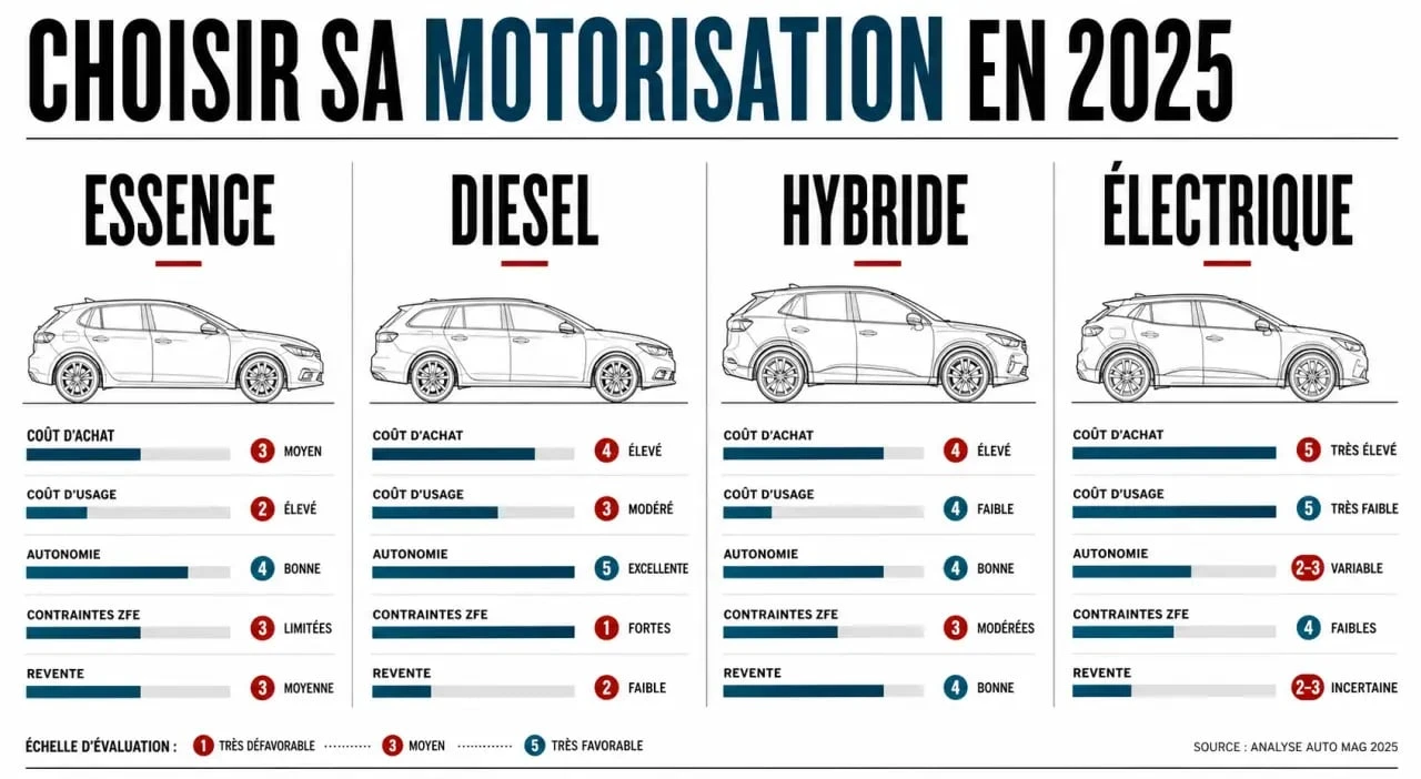 Quelle motorisation choisir en 2025 : comparaison visuelle entre essence, diesel, hybride et électrique