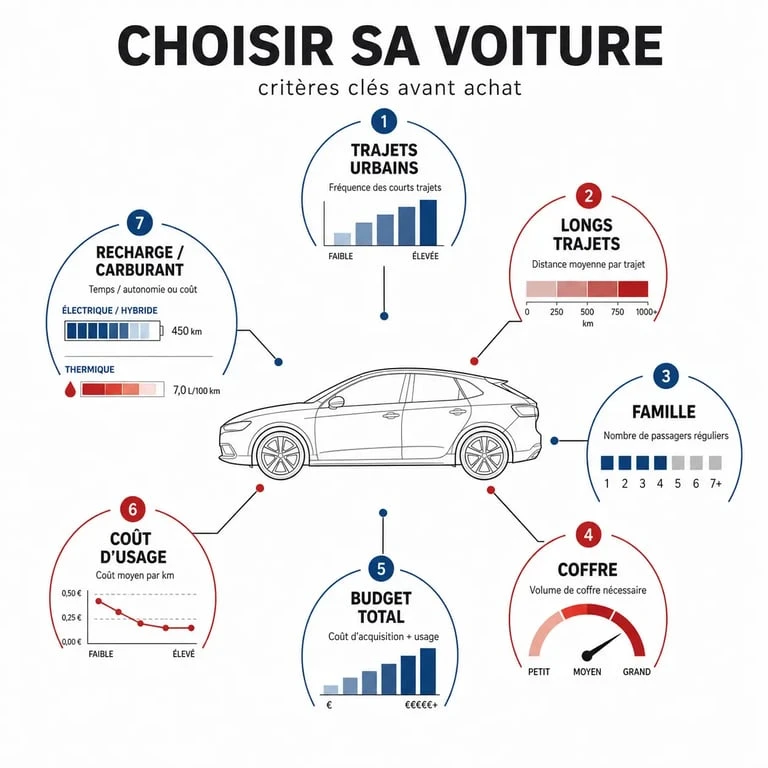 Simulateur pour choisir sa voiture avec critères de trajet, budget, coffre et usage familial