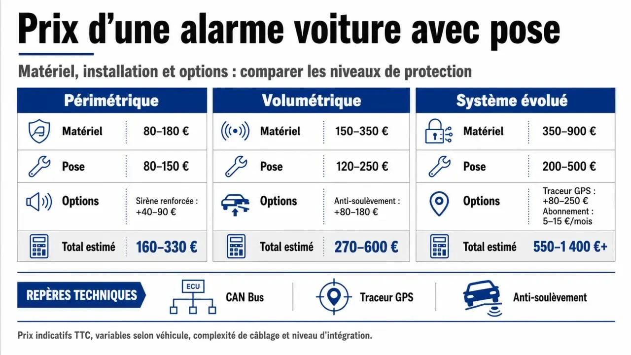 Infographie sur le prix alarme voiture avec pose, comparant les types d’alarmes et les coûts matériel, pose et options
