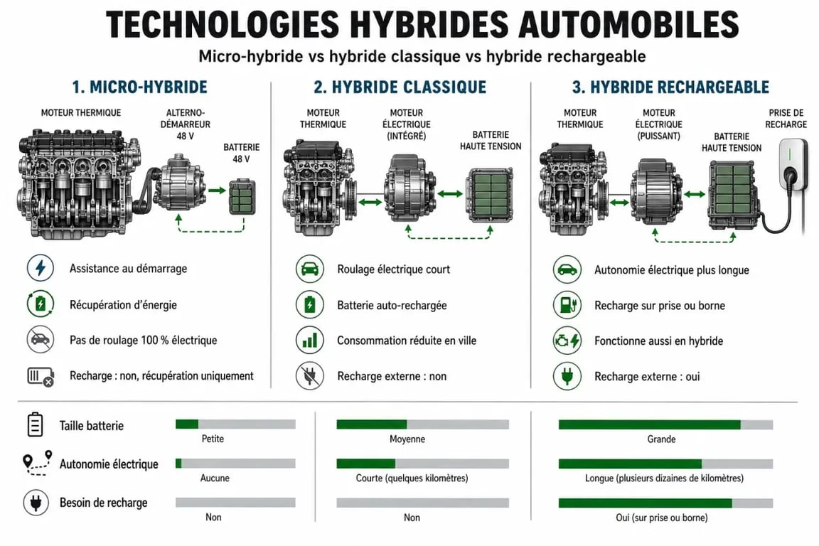 Comparatif des technologies de voitures hybrides : micro-hybride, full hybrid et hybride rechargeable.