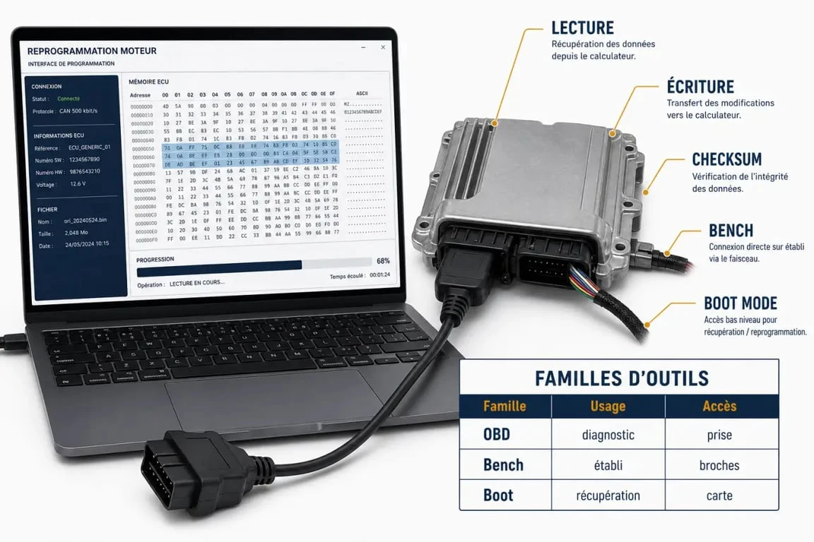 Logiciel reprogrammation moteur avec ordinateur, calculateur ECU et outils de lecture-écriture