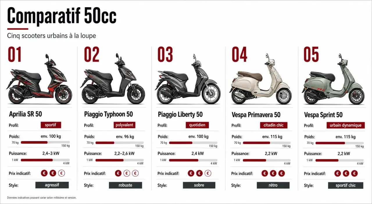 Comparatif du meilleur scooter 50cc avec les modèles Aprilia SR 50, Piaggio Typhoon 50, Piaggio Liberty 50, Vespa Primavera 50 et Vespa Sprint 50