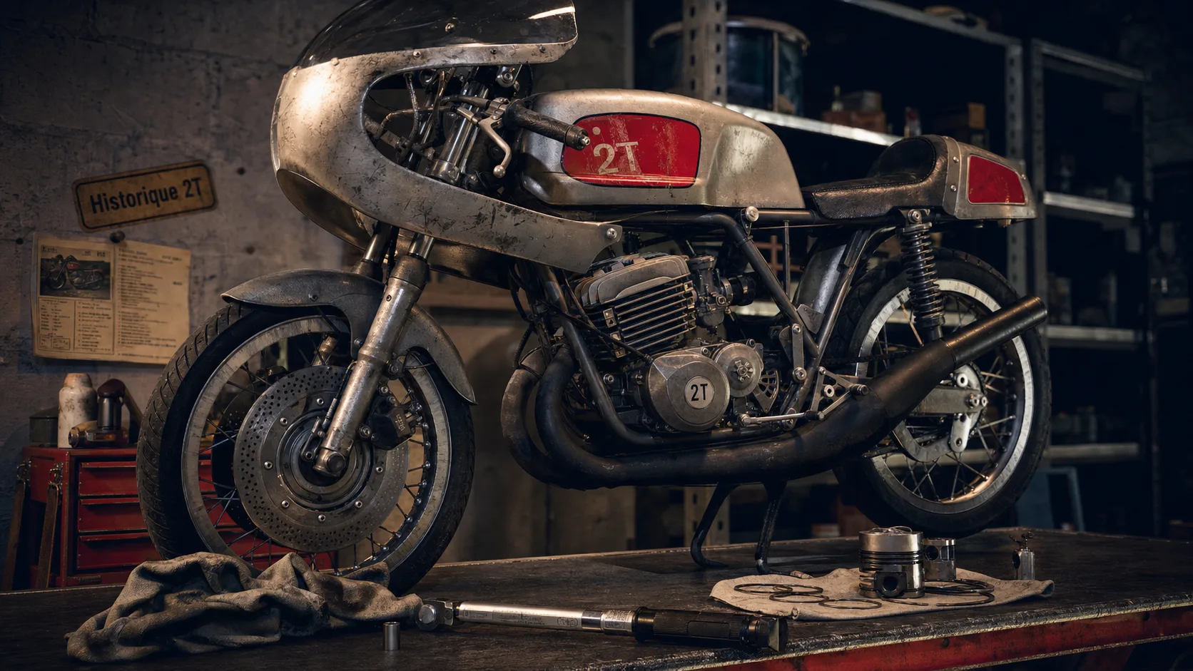 Moto 2 temps ancienne en atelier, moteur et pièces