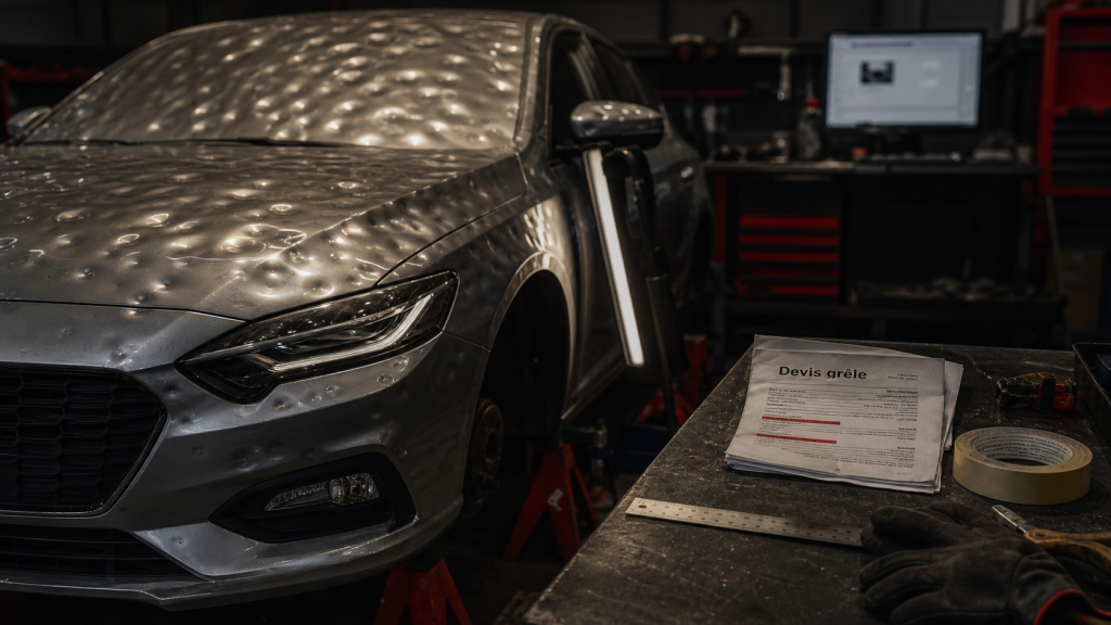 Prix débosselage voiture grêlée : berline grêlée sur chandelles, capot et toit endommagés