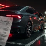 Quelle voiture hybride diesel : berline hybride diesel sur parking humide, vue arrière