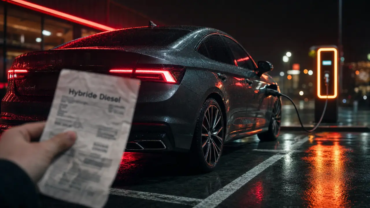 Quelle voiture hybride diesel : berline hybride diesel sur parking humide, vue arrière