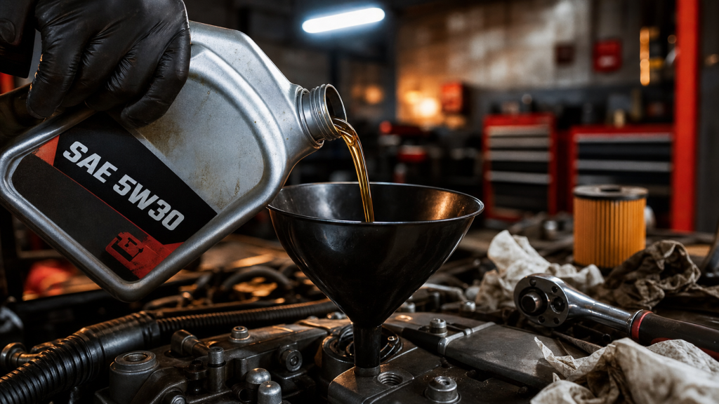 Viscosité huile moteur : verse huile 5W30 et 10W40 en atelier