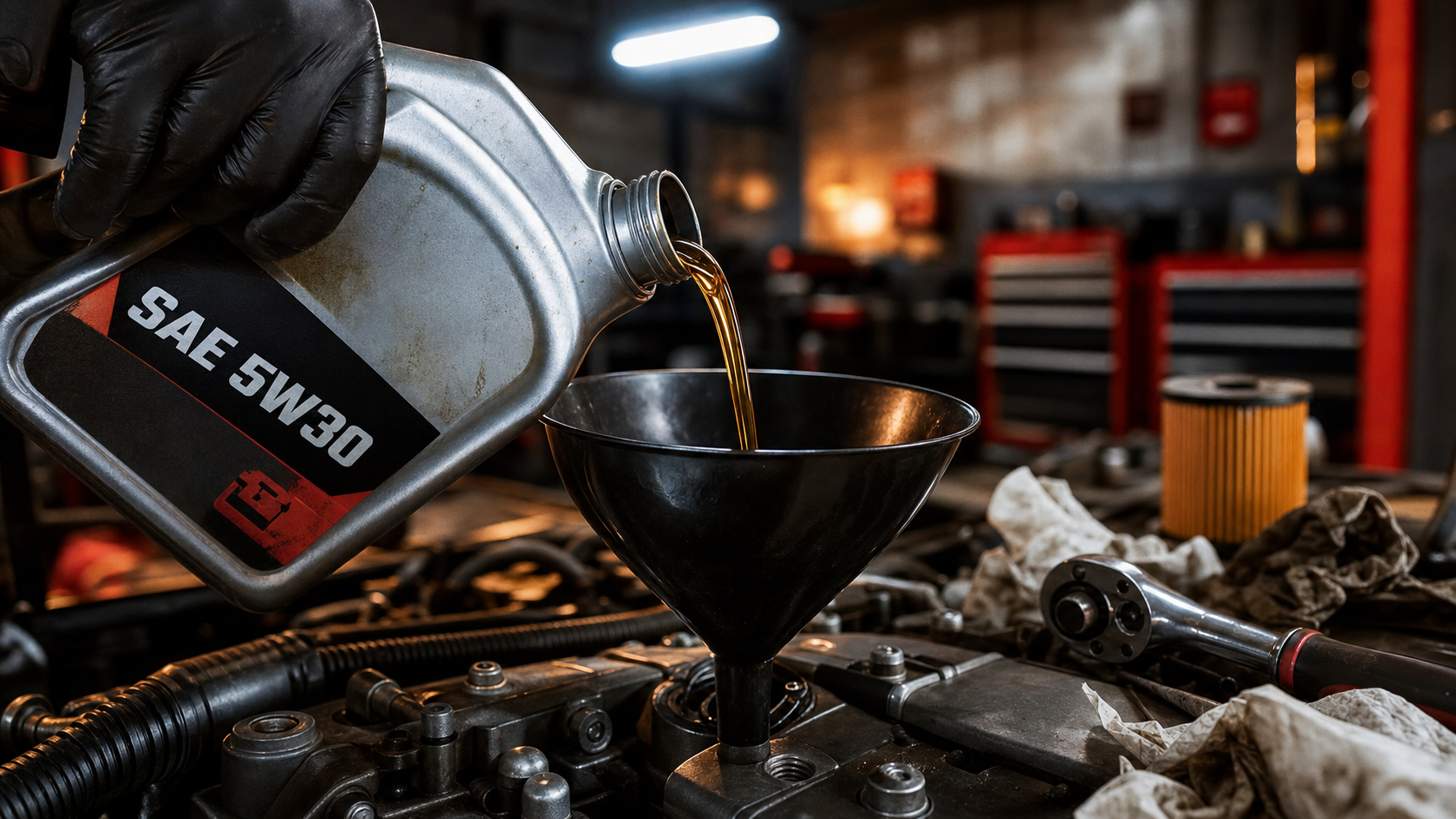 Viscosité huile moteur : verse huile 5W30 et 10W40 en atelier
