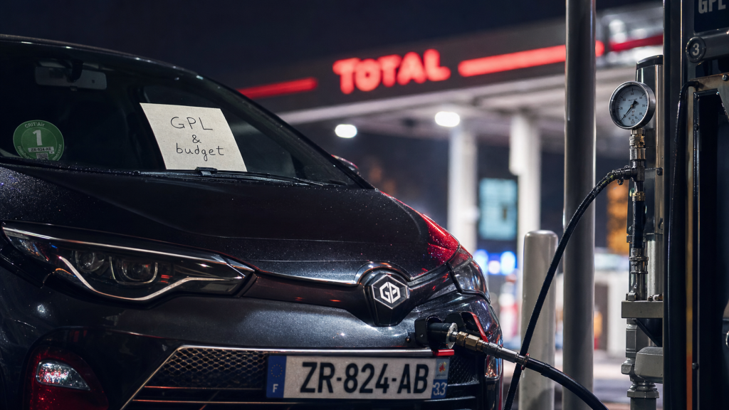 Voiture au gaz GPL devant station-service en France