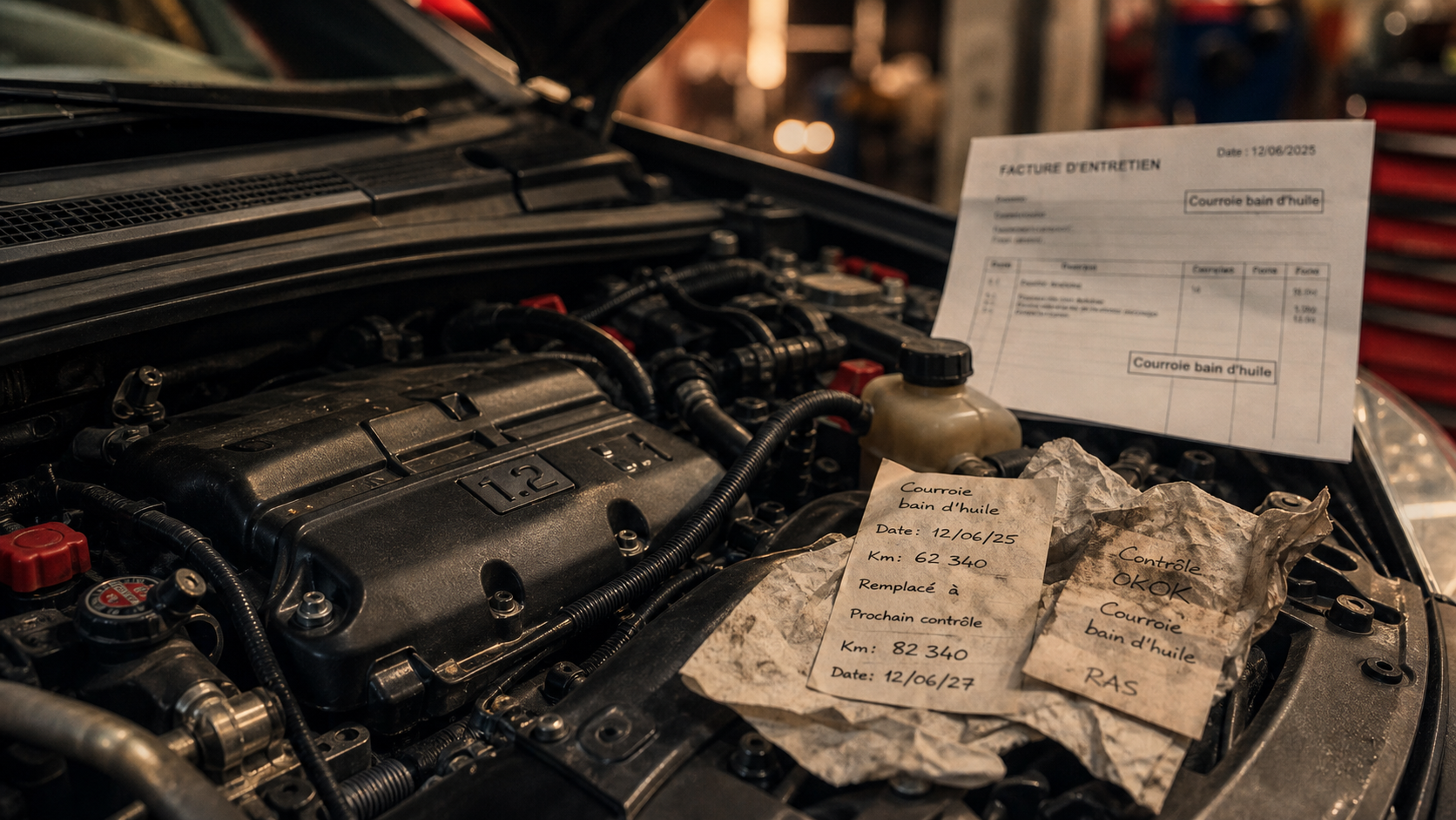Voiture puretech : courroie bain d’huile et facture de contrôle sur moteur