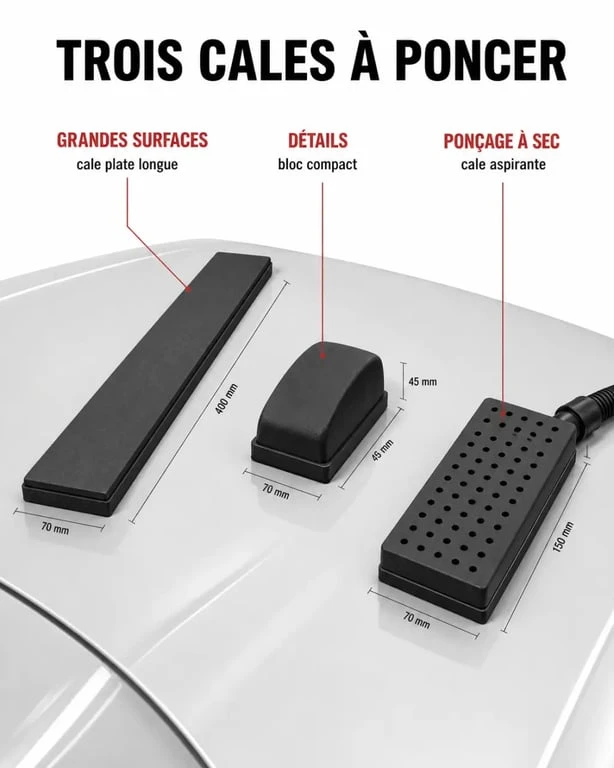 Cale à poncer carrosserie : comparaison visuelle des formats pour capot, détails et ponçage à sec