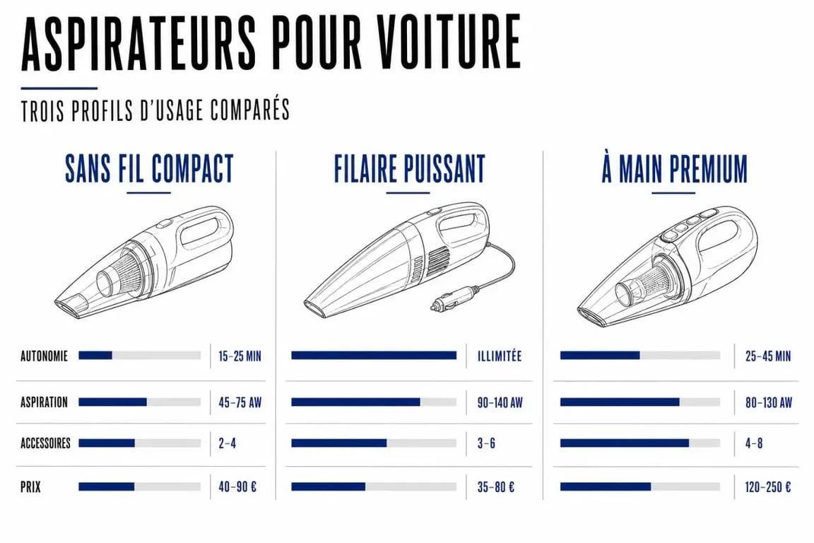 Comparatif des meilleurs aspirateur voiture selon l'autonomie, la puissance et les accessoires