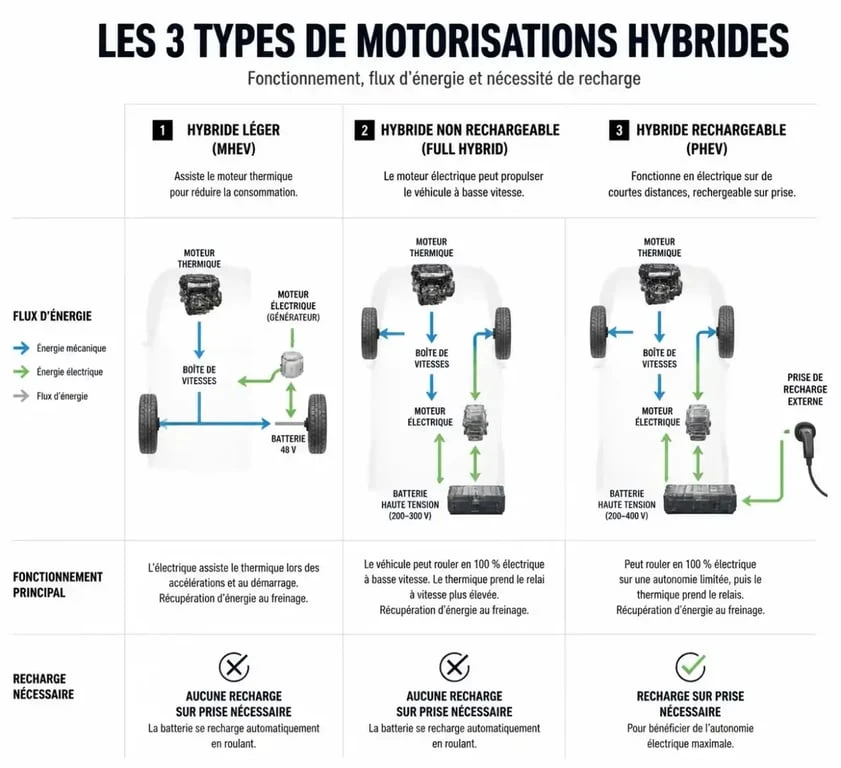 Comparatif des technologies hybrides : hybride léger, hybride non rechargeable et hybride rechargeable pour Renault Mégane