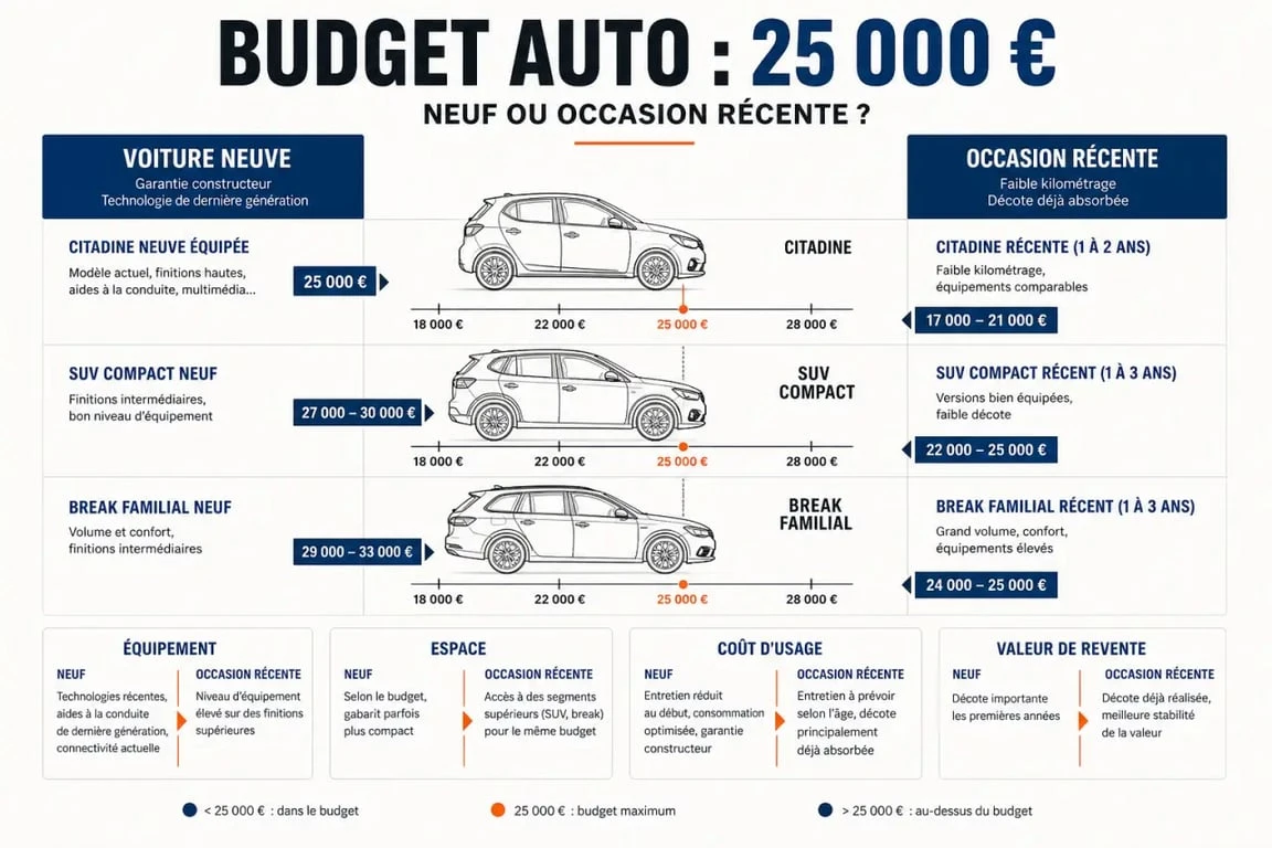 Comparatif visuel voiture 25000 euros : neuf vs occasion, citadine, SUV et break familial