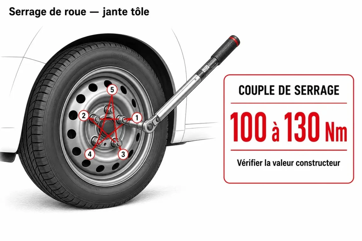 Couple serrage jante tole : schéma du serrage en croix et repères de 100 à 130 Nm