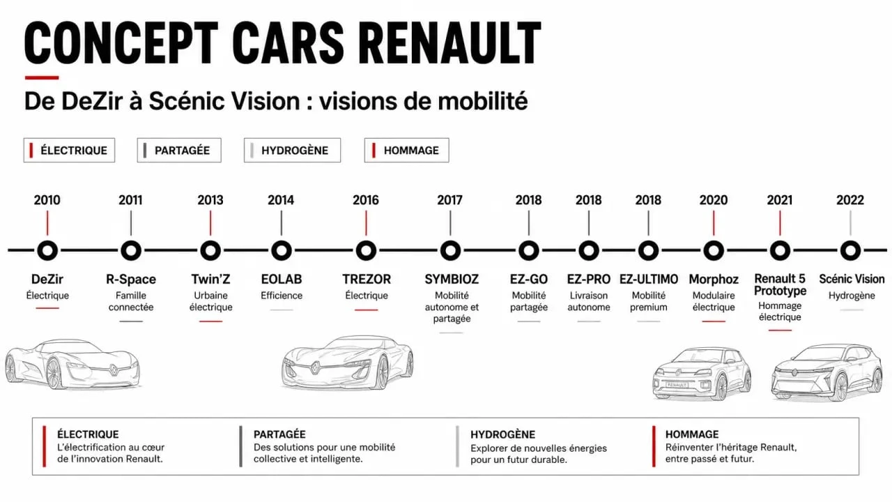 Frise chronologique concept car Renault de DeZir à Scénic Vision avec années et thèmes principaux
