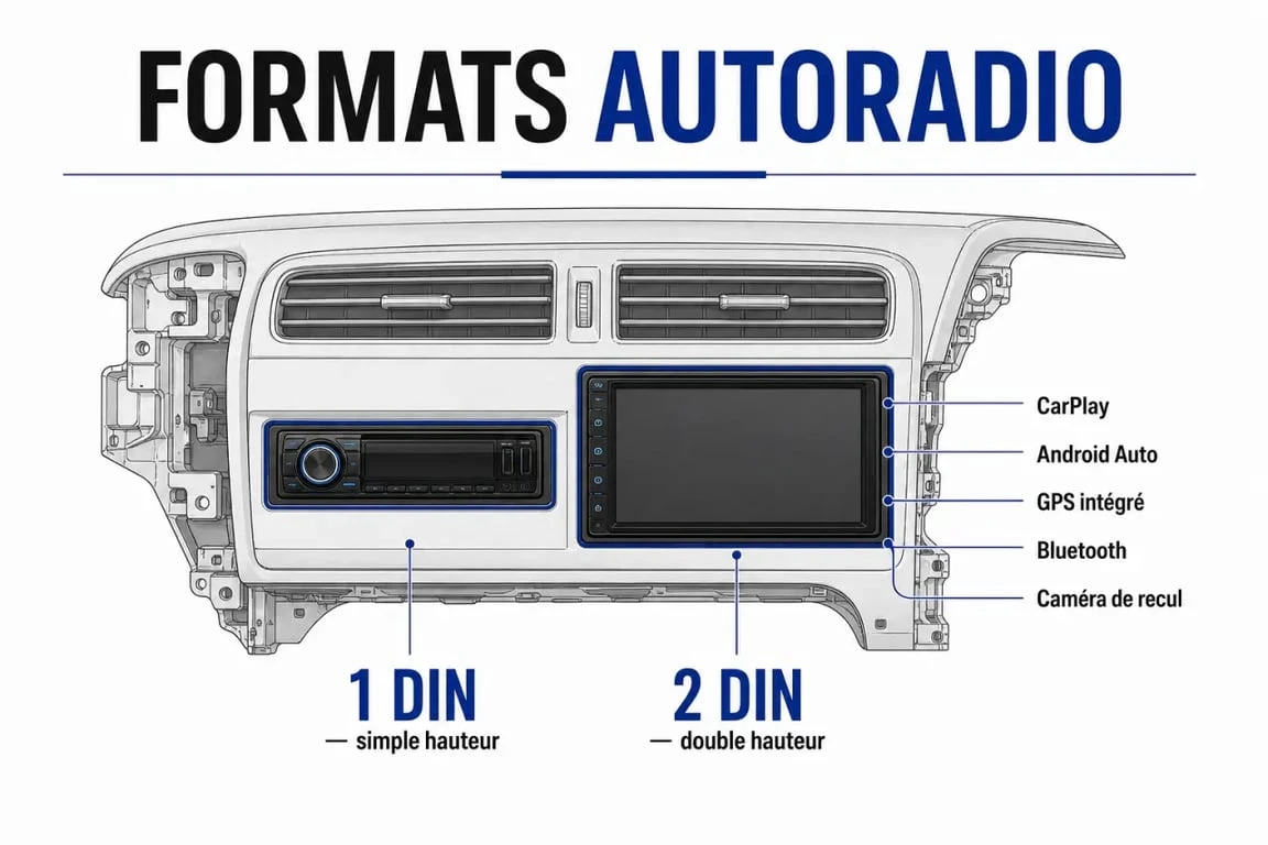 Car audio concept : comparaison visuelle entre autoradio 1 DIN et 2 DIN dans un tableau de bord
