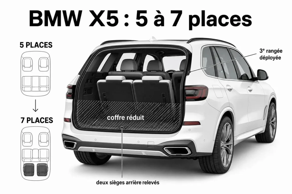 BMW X5 7 places avec troisième rangée escamotable et coffre réduit