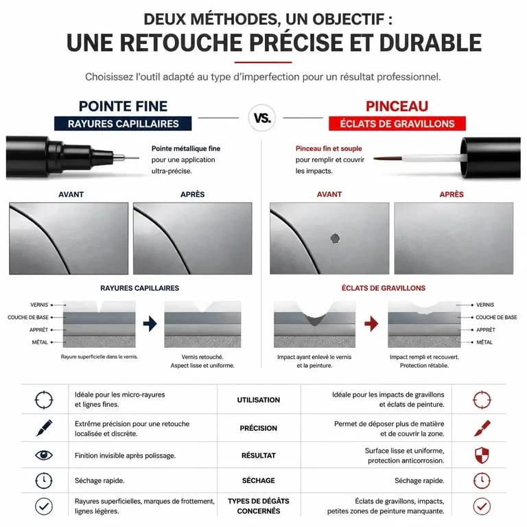 Comparaison des outils pour vernis voiture retouche : stylo de précision et pinceau pour éclats
