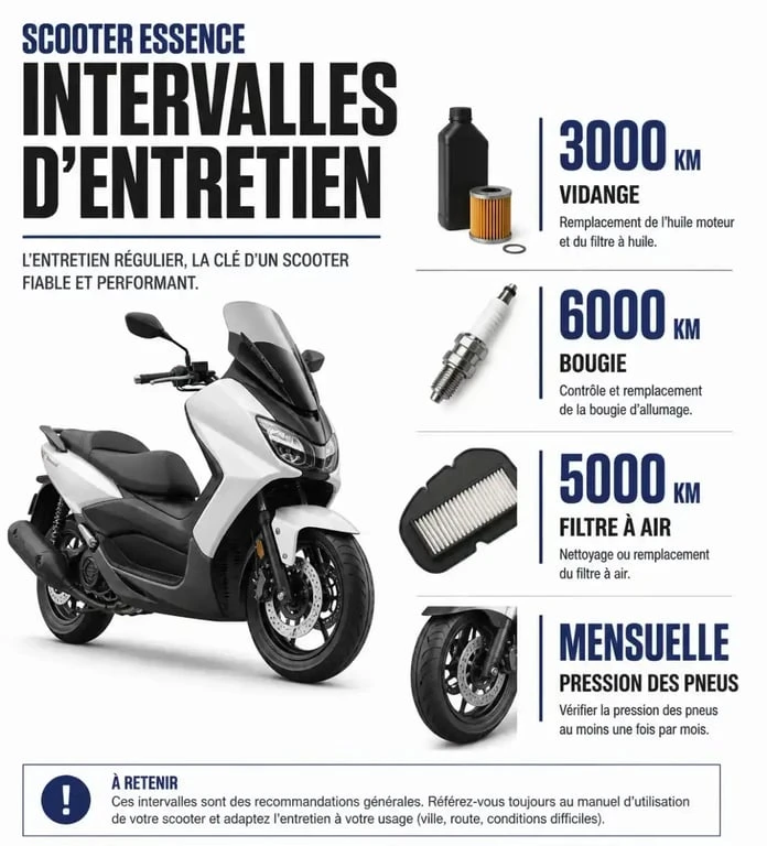 Tableau récapitulatif de l'entretien d'un scooter essence : vidange, bougie, filtre à air et pression des pneus.