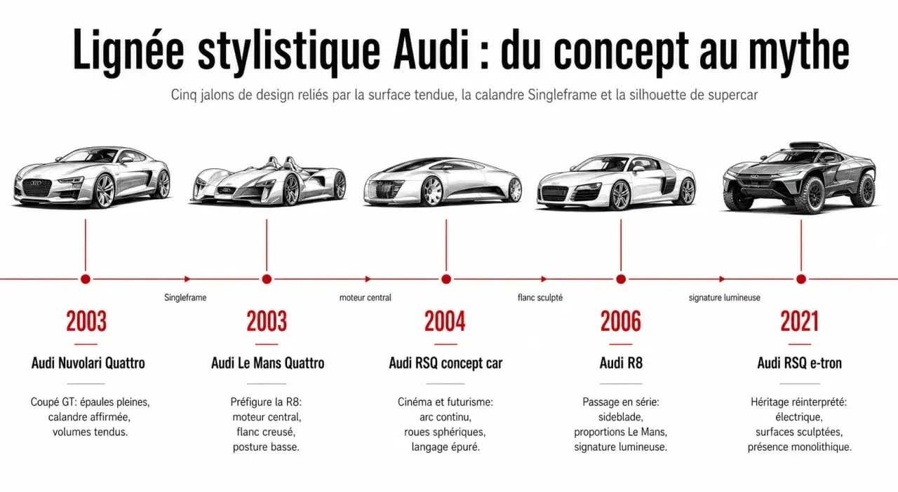 Lignée Audi RSQ concept car et héritage vers la R8 et les e-tron