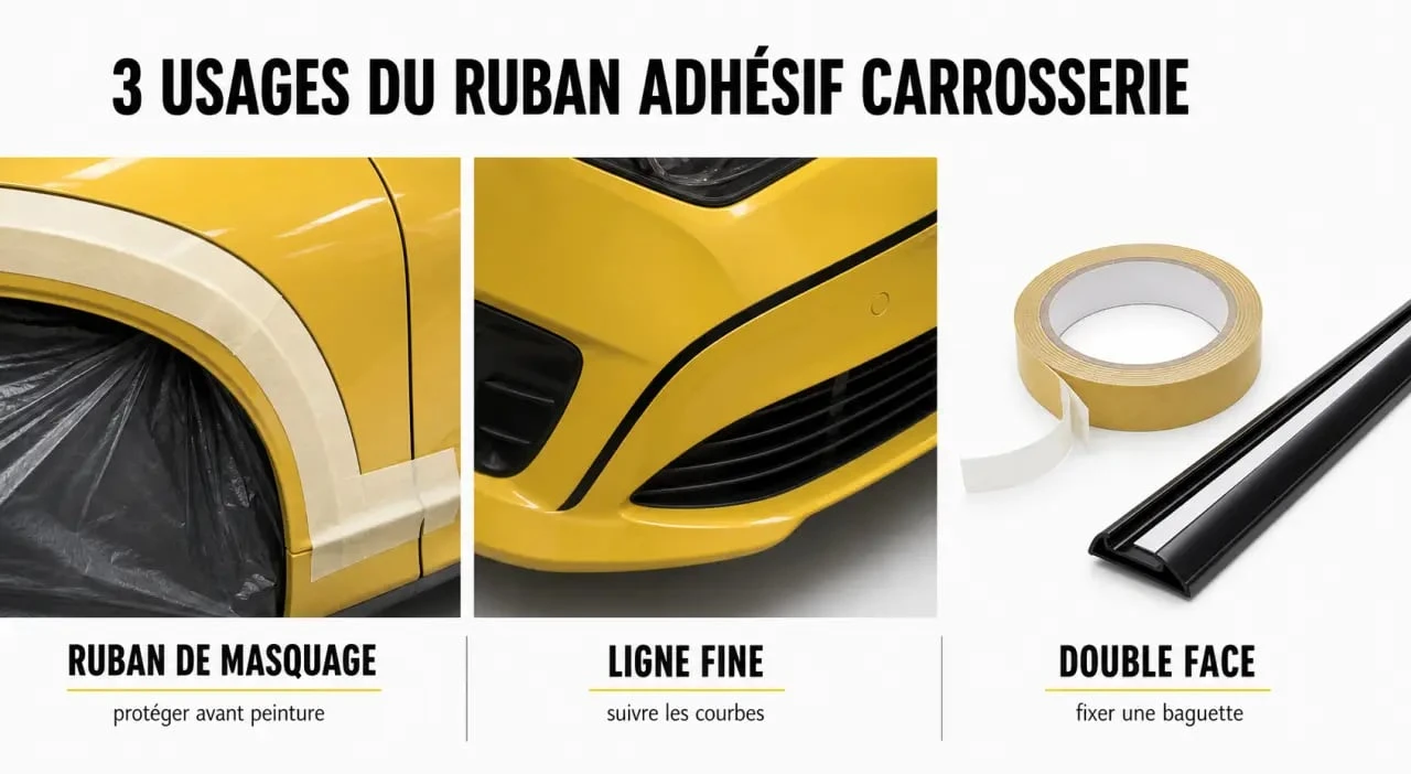 Ruban adhésif carrosserie voiture illustré en atelier avec masquage, ligne fine et double face