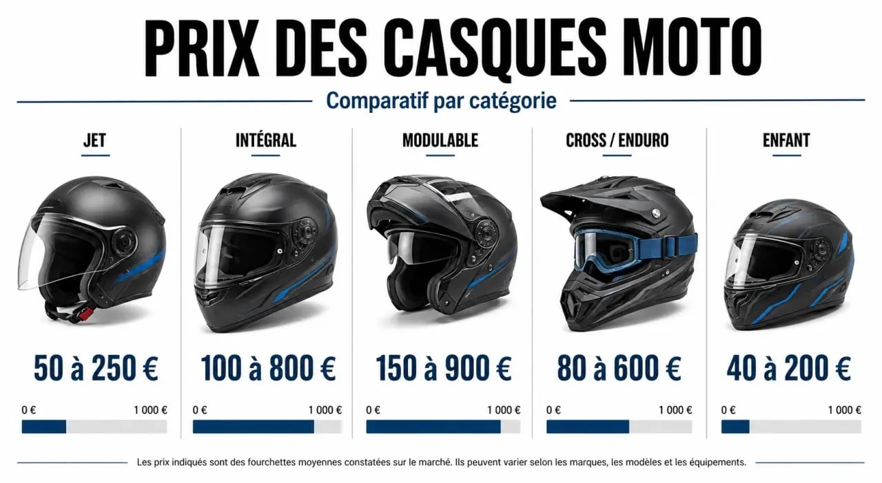 Prix de casque moto : comparaison visuelle des tarifs selon le type de casque