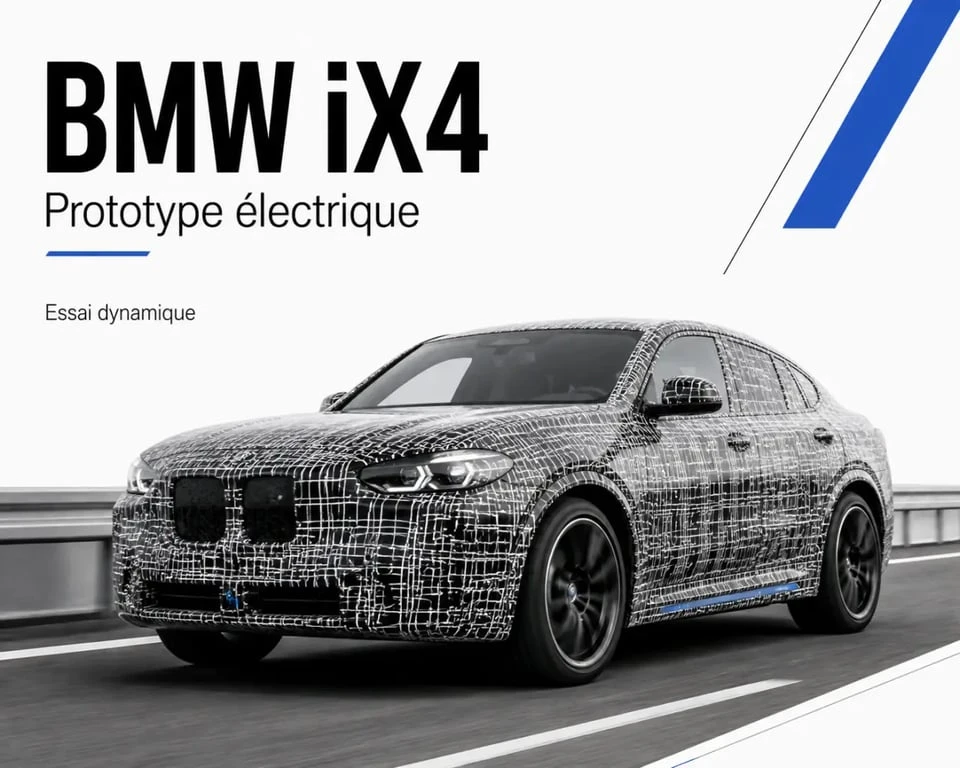 BMW iX4 en prototype camouflé, avec silhouette de SUV coupé électrique et ligne de toit fuyante
