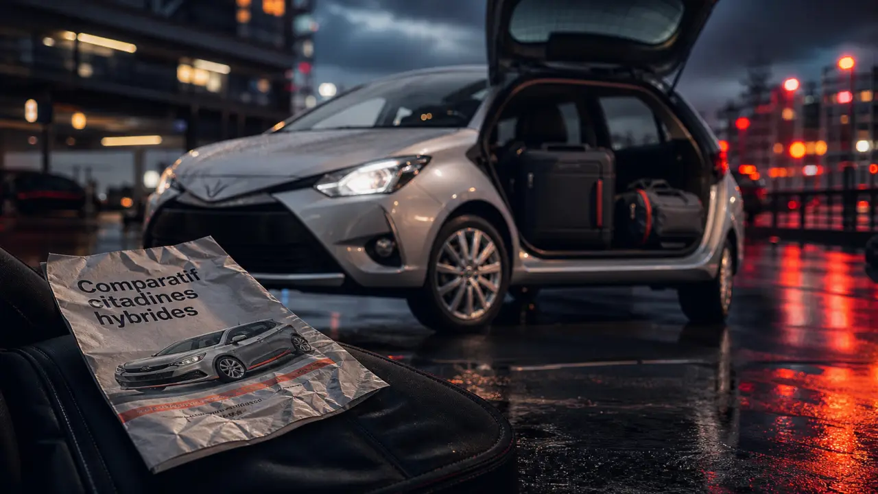 Meilleur citadine hybride : Clio E-Tech, Yaris ou MG3 sur parking humide au crépuscule
